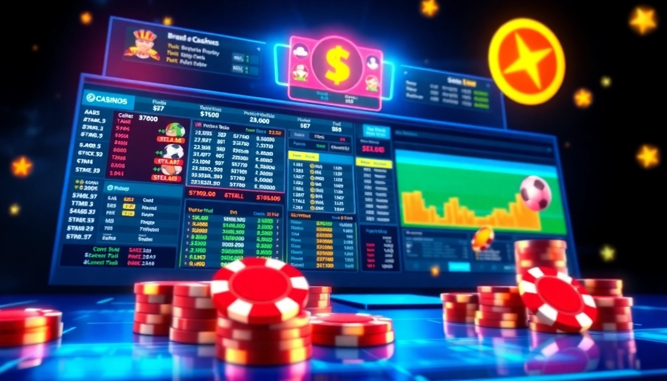 Digital illustration of an exciting online sportsbook and casino platform with vibrant colors and dynamic lighting.