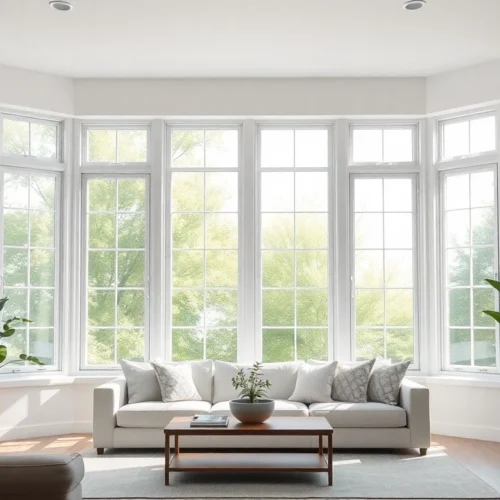Bright living room shows Replacement Windows with energy-efficient vinyl framing and daylight.