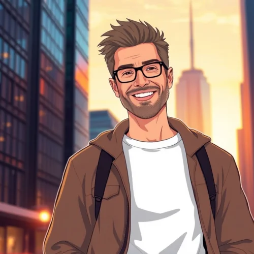 A confident middle-aged man standing in an urban setting during golden hour, smiling and dressed casually.