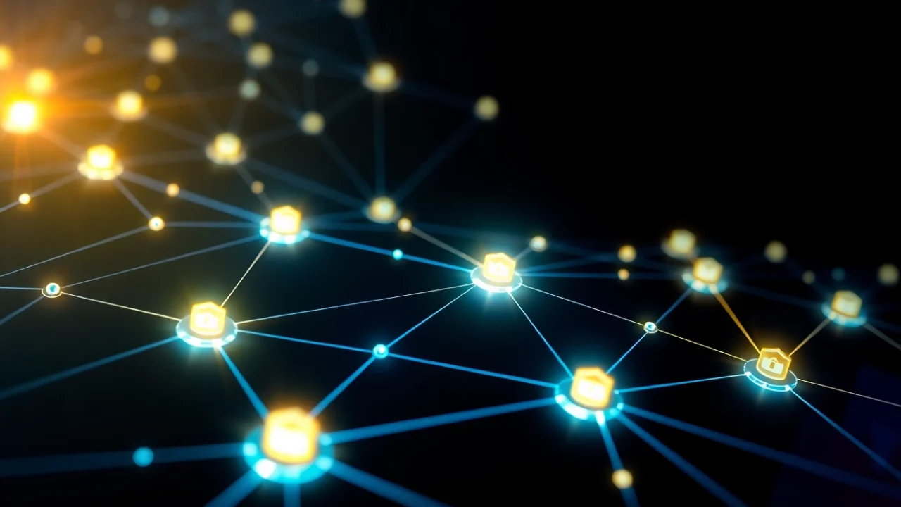 Modern blockchain network connecting digital nodes for secure transactions and data sharing