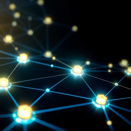 Modern blockchain network connecting digital nodes for secure transactions and data sharing