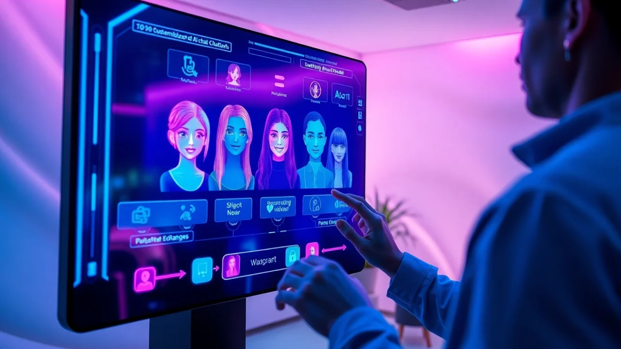 Futuristic digital interface with customizable AI chat characters on a sleek screen, vibrant neon colors, and holographic elements representing advanced conversational AI technology.