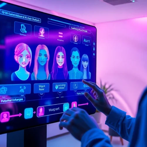 Futuristic digital interface with customizable AI chat characters on a sleek screen, vibrant neon colors, and holographic elements representing advanced conversational AI technology.