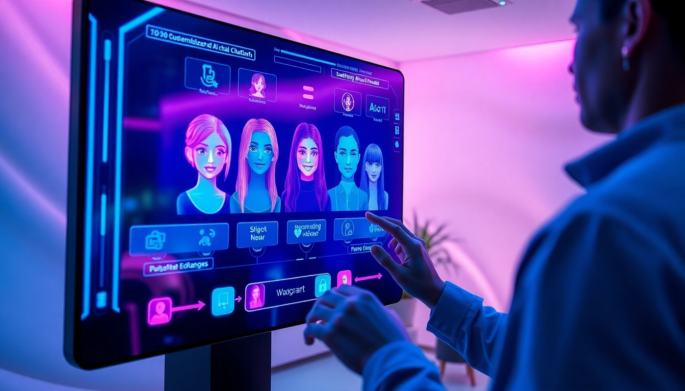 Futuristic digital interface with customizable AI chat characters on a sleek screen, vibrant neon colors, and holographic elements representing advanced conversational AI technology.