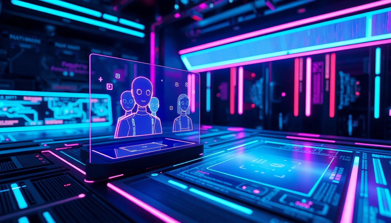 Futuristic digital interface with neon holograms and AI characters in a cyberpunk setting.