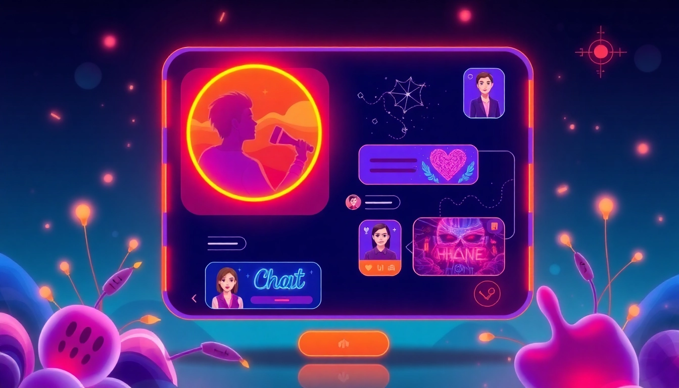 Spicychatai platform interface with dynamic chat bubbles, AI avatars, and vivid visuals for immersive roleplay interactions, emphasizing realism and personalization.