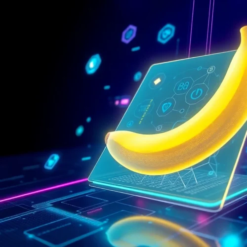 Futuristic AI interface showcasing a stylized banana with digital data streams and glowing holograms in a high-tech environment.