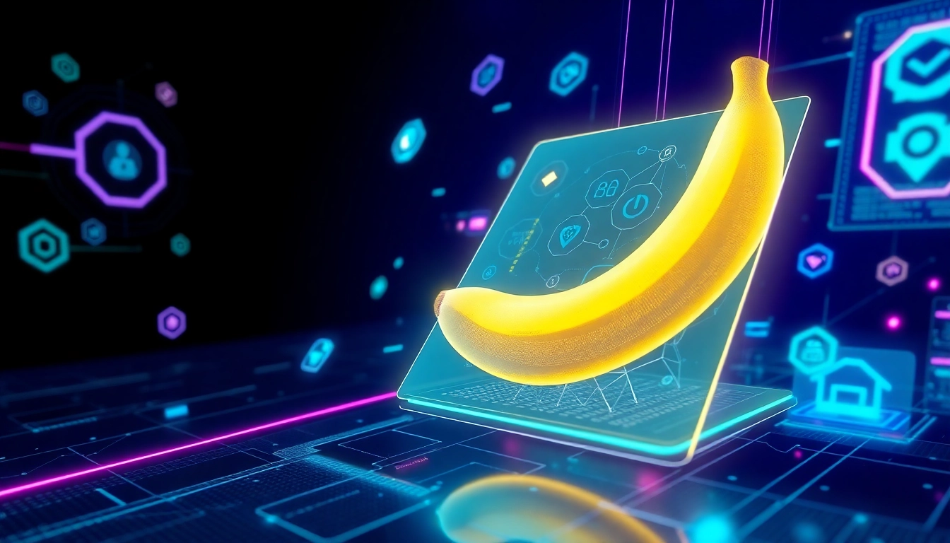 Futuristic AI interface showcasing a stylized banana with digital data streams and glowing holograms in a high-tech environment.