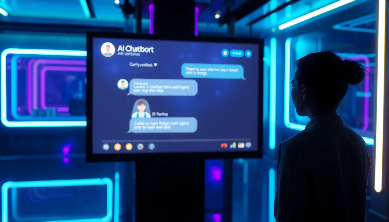 Futuristic scene of a person interacting with a holographic AI chatbot in a neon-lit cyberpunk environment.