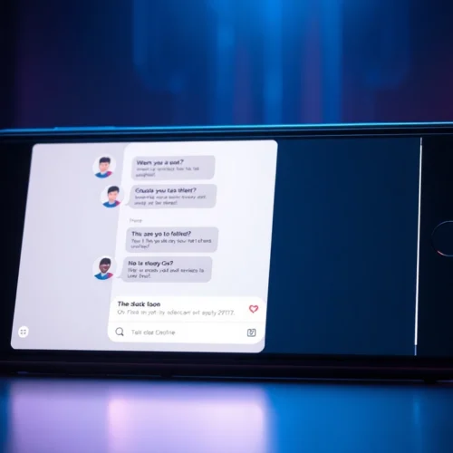 Futuristic smartphone displaying an AI chat interface with a customizable character on a dimly lit background.