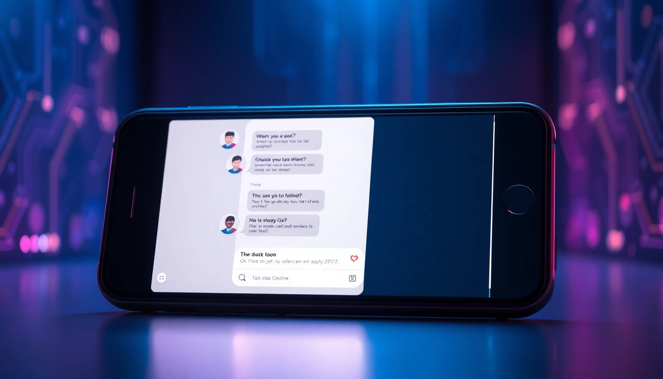 Futuristic smartphone displaying an AI chat interface with a customizable character on a dimly lit background.