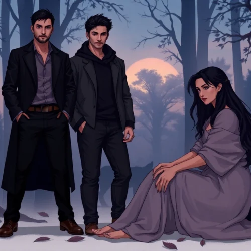 An artistic depiction of humans representing wolf pack hierarchy with alpha, beta, and omega figures in a forest setting at twilight.