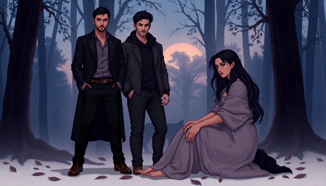 An artistic depiction of humans representing wolf pack hierarchy with alpha, beta, and omega figures in a forest setting at twilight.