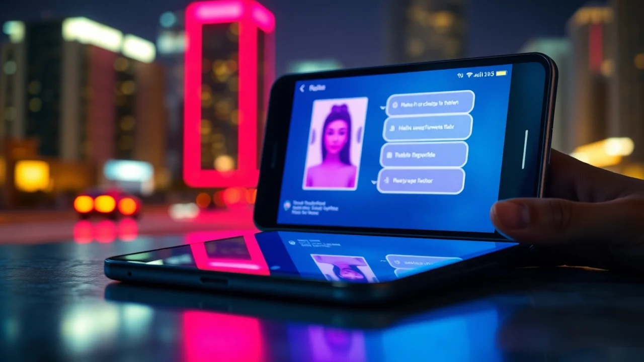Futuristic digital chat interface on a smartphone screen with neon lighting and a cityscape background, emphasizing adult chat features.