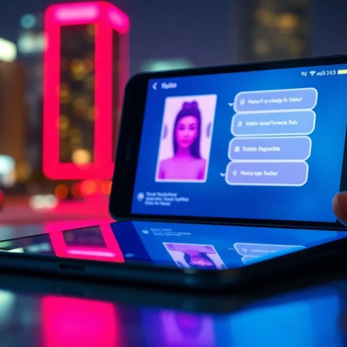 Futuristic digital chat interface on a smartphone screen with neon lighting and a cityscape background, emphasizing adult chat features.