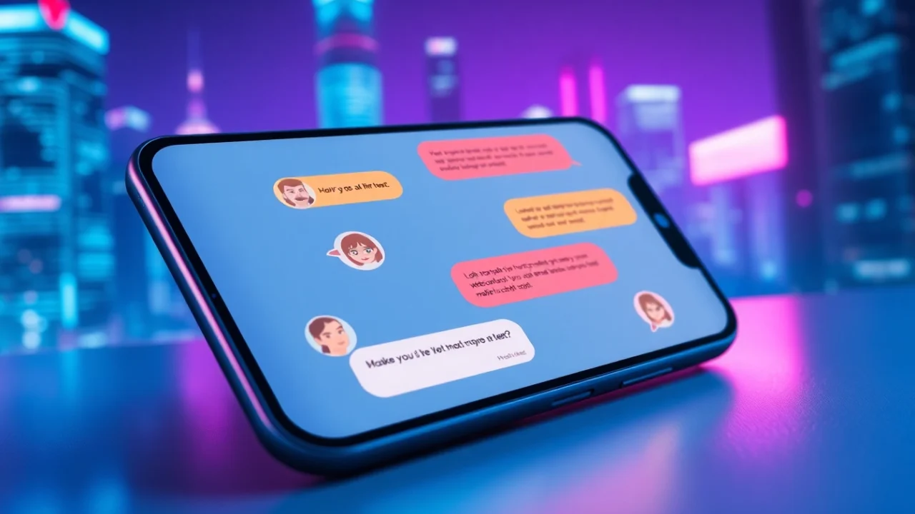 Futuristic digital chat interface on a modern device with neon cityscape background, vibrant chat bubbles, and expressive AI avatars, creating an alluring online conversation scene.