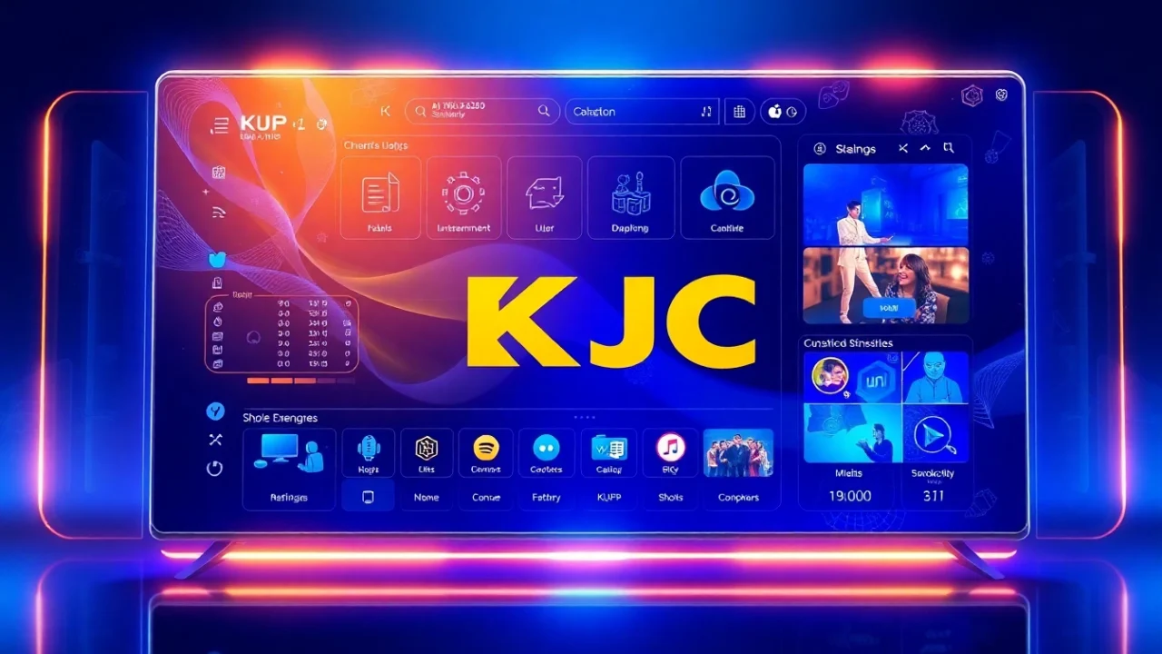 KJC brand logo on a sleek screen displaying innovative entertainment platforms engaging users