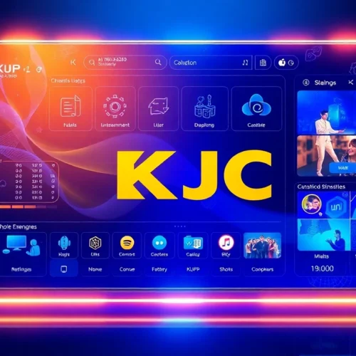 KJC brand logo on a sleek screen displaying innovative entertainment platforms engaging users