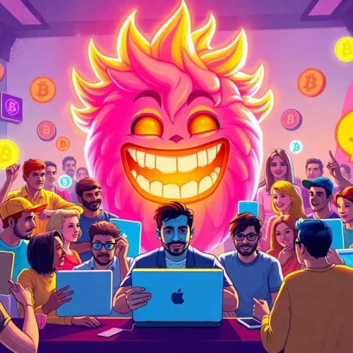Crypto Community Meme rally with diverse crypto enthusiasts engaging with meme-themed digital