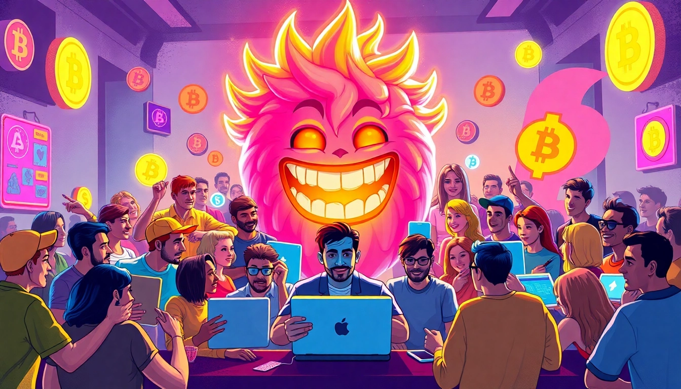 Crypto Community Meme rally with diverse crypto enthusiasts engaging with meme-themed digital