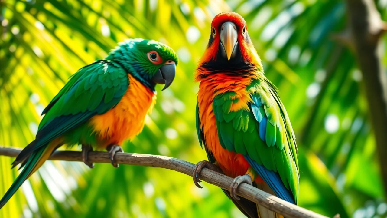 Colorful parrots sit on tropical branches during sunlight, showcasing vibrant feathers for bird