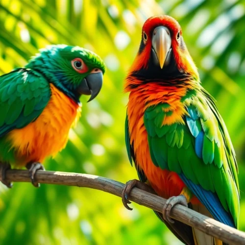 Colorful parrots sit on tropical branches during sunlight, showcasing vibrant feathers for bird