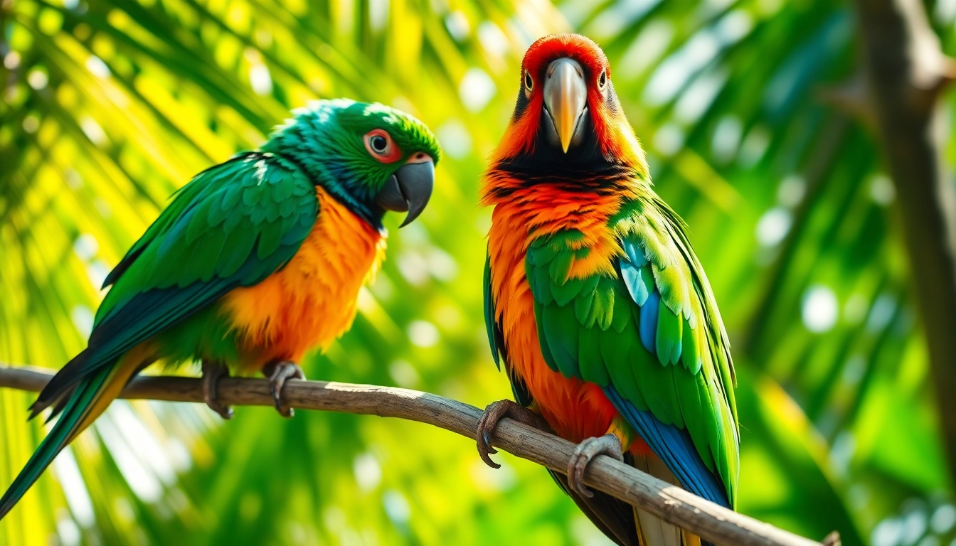 Colorful parrots sit on tropical branches during sunlight, showcasing vibrant feathers for bird