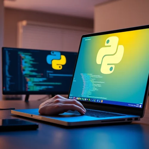 Freelance developer working on Python projects in a sleek modern workspace, emphasizing coding