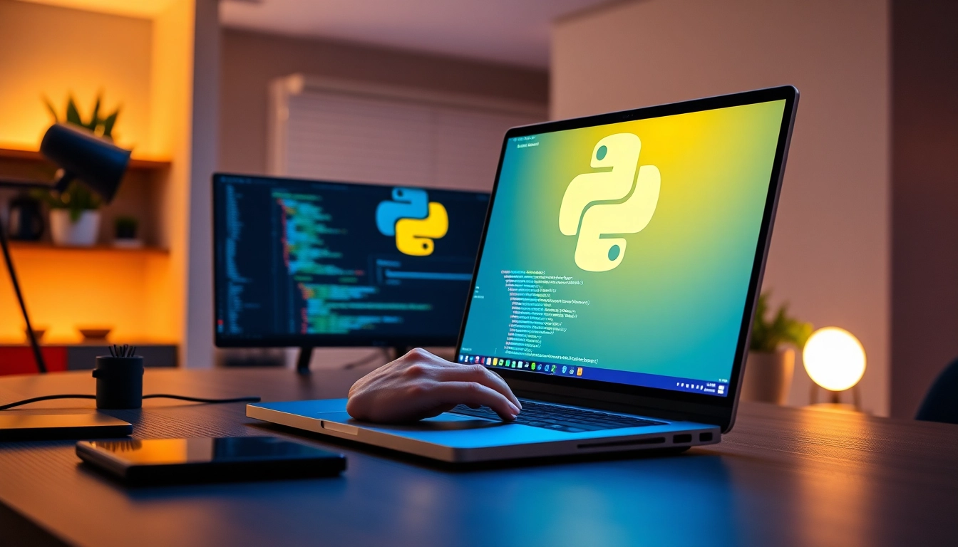 Freelance developer working on Python projects in a sleek modern workspace, emphasizing coding