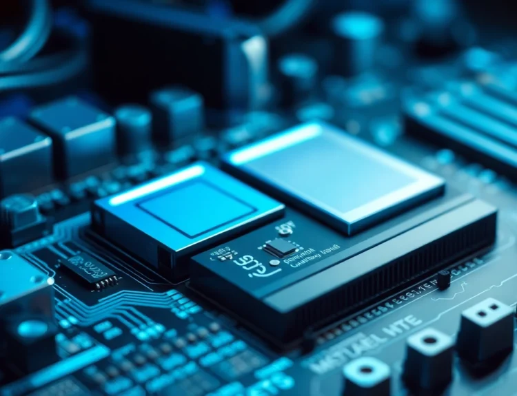 Detailed view of a componente server motherboard with labeled CPU, RAM, and storage devices for