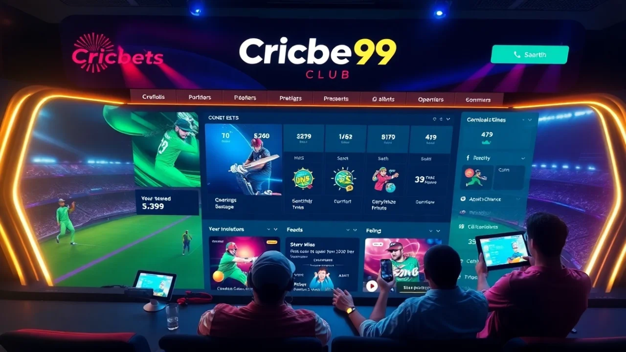 This Cricbet99 club betting platform displays live cricket scores and user dashboard,