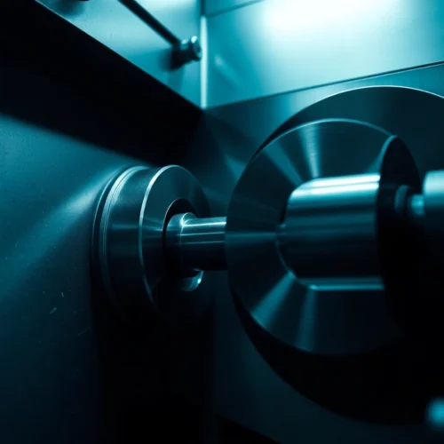 Toczenie CNC process showing a precision machine shaping a metal part with high detail and accuracy.