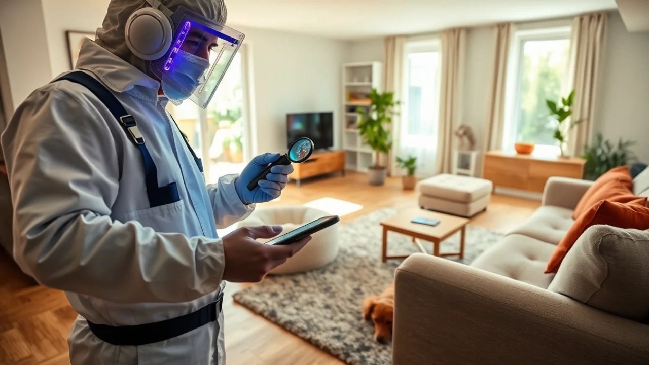 Pest control technician inspecting a living room for fleas with UV light and tablet