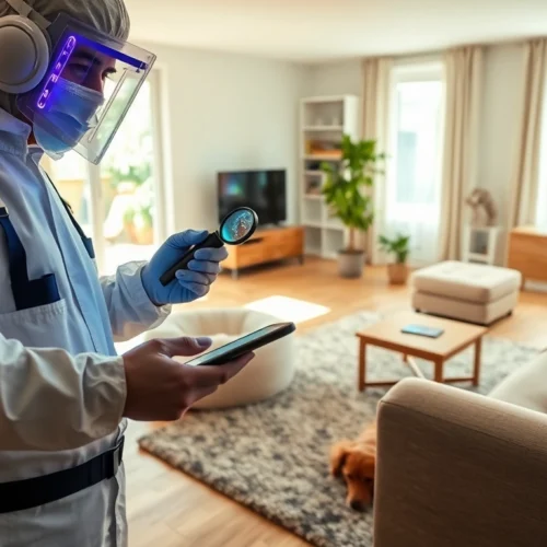 Pest control technician inspecting a living room for fleas with UV light and tablet