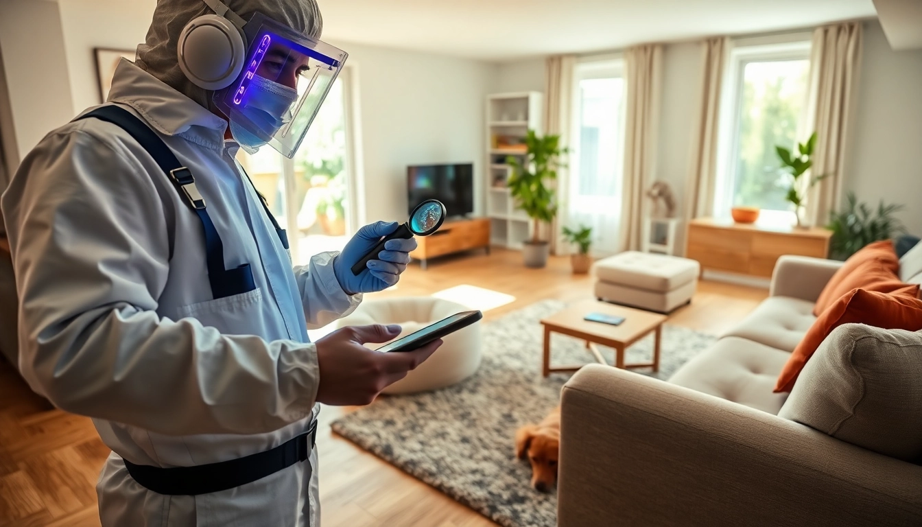 Pest control technician inspecting a living room for fleas with UV light and tablet
