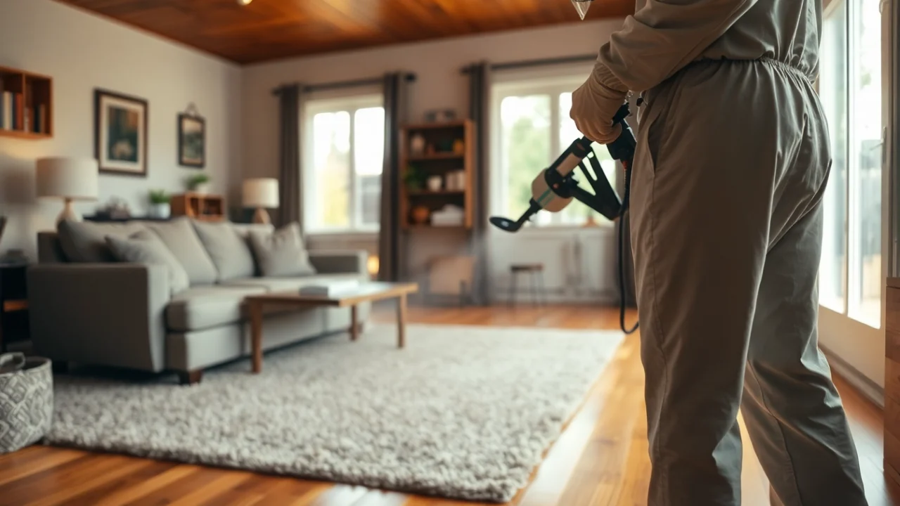 Professionele ongediertebestrijder voert vlooienbestrijding uit in een woning