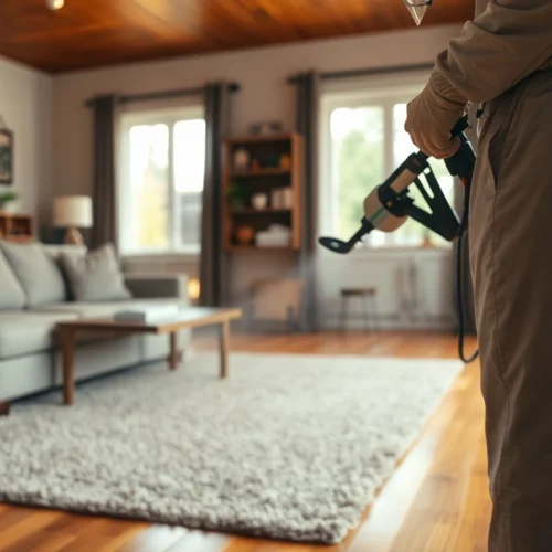 Professionele ongediertebestrijder voert vlooienbestrijding uit in een woning