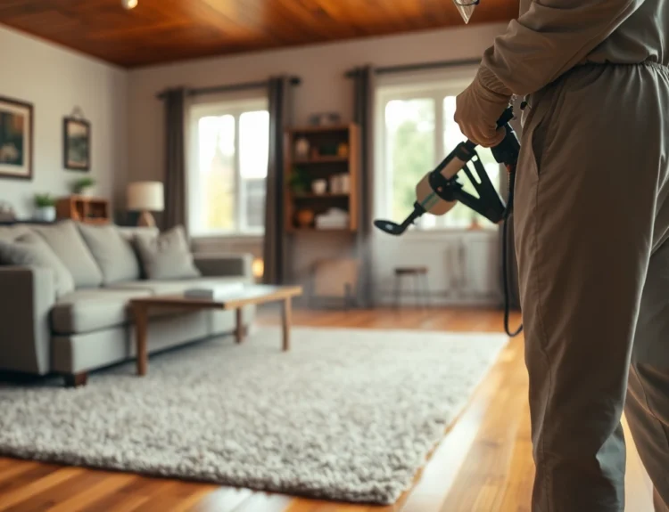 Professionele ongediertebestrijder voert vlooienbestrijding uit in een woning