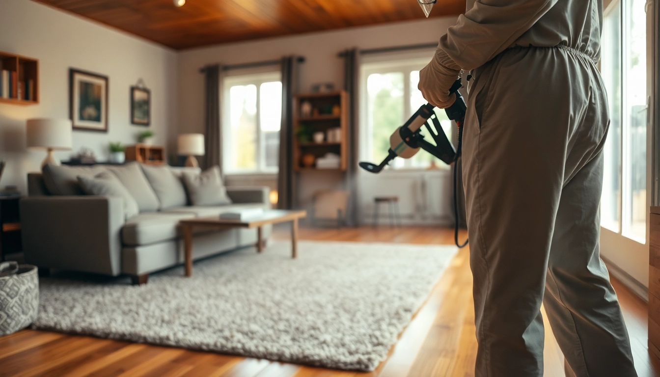 Professionele ongediertebestrijder voert vlooienbestrijding uit in een woning