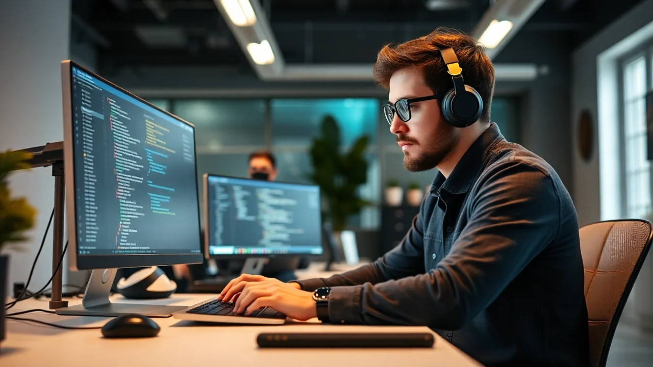Python developer writing code on a laptop in a professional workspace with modern technology