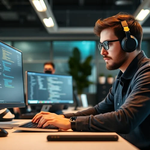 Python developer writing code on a laptop in a professional workspace with modern technology