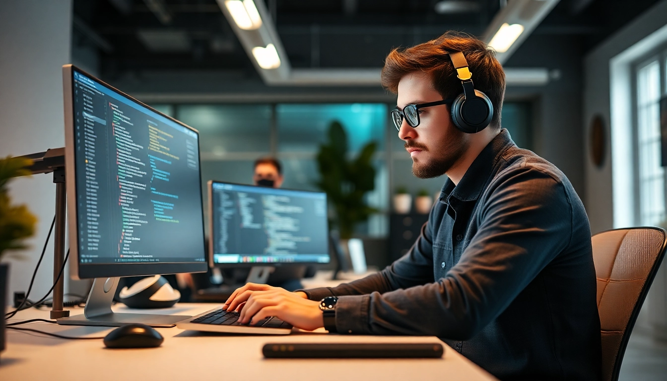 Python developer writing code on a laptop in a professional workspace with modern technology