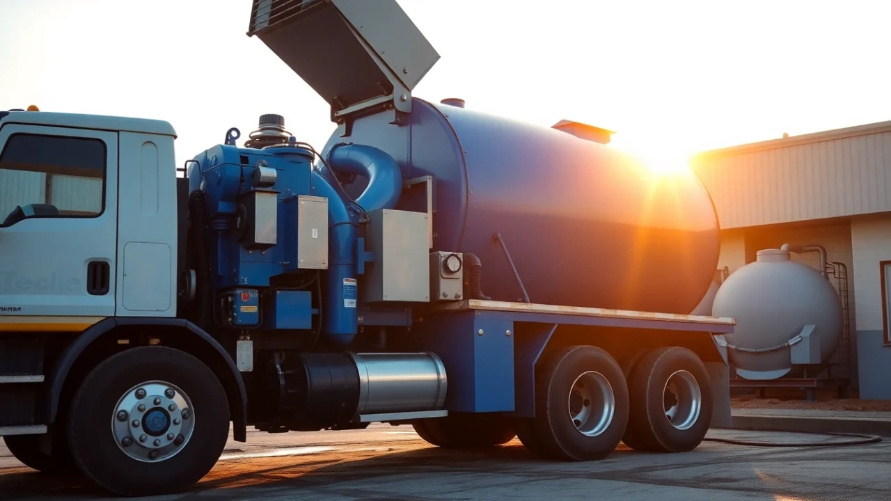 Reliable truck performing septic tank cleaning with professional operators in a bright
