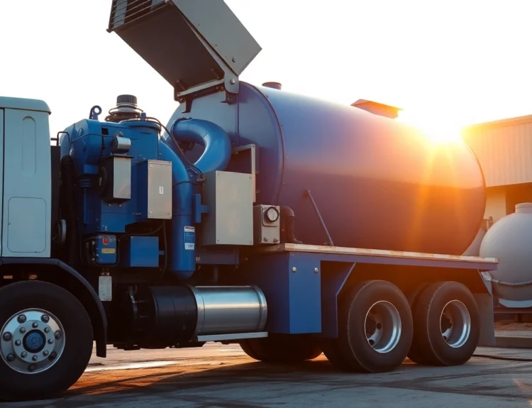 Reliable truck performing septic tank cleaning with professional operators in a bright