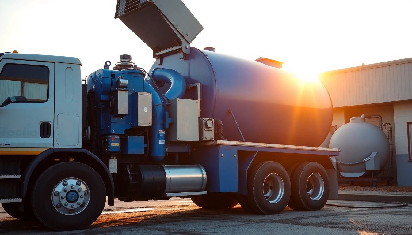 Reliable truck performing septic tank cleaning with professional operators in a bright