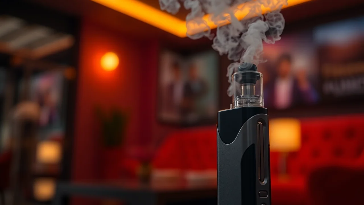 This E-Zigarette device showcases sleek design and vapor clouds, highlighting modern vaping
