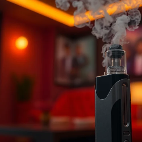 This E-Zigarette device showcases sleek design and vapor clouds, highlighting modern vaping