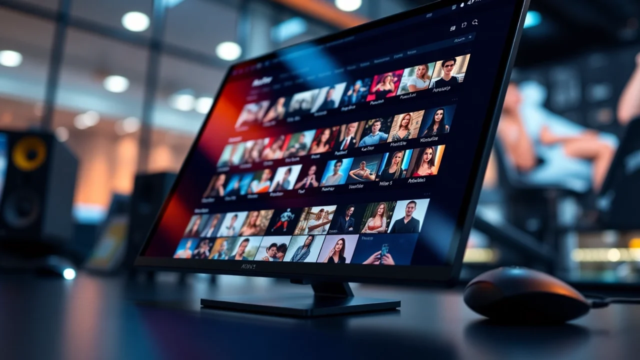 A modern adult website interface with colorful video thumbnails on a high-resolution screen