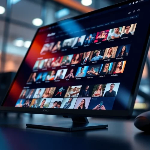 A modern adult website interface with colorful video thumbnails on a high-resolution screen
