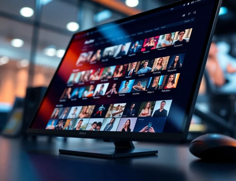 A modern adult website interface with colorful video thumbnails on a high-resolution screen